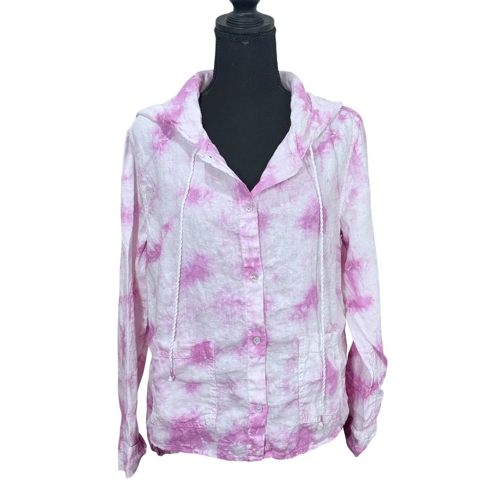 Rachel Zoe Linen Pastel Tie Dye Hooded Top Small Oversized Hoodie Beachy Coastal